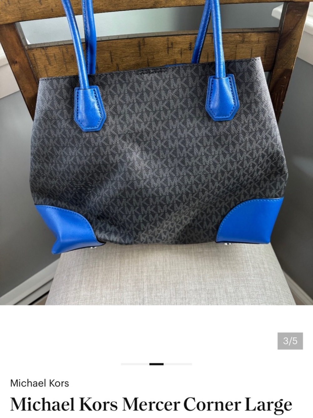 Michael Kors Black MK Monogram Tote with Bright Blue Trim